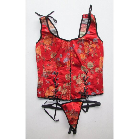 Red Asian Satin Jacquard Corset Bustier Set - NEW - Picture 2 of 8